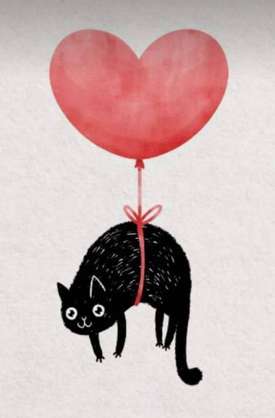 red balloon in the air holding up a black cat tied with red string
